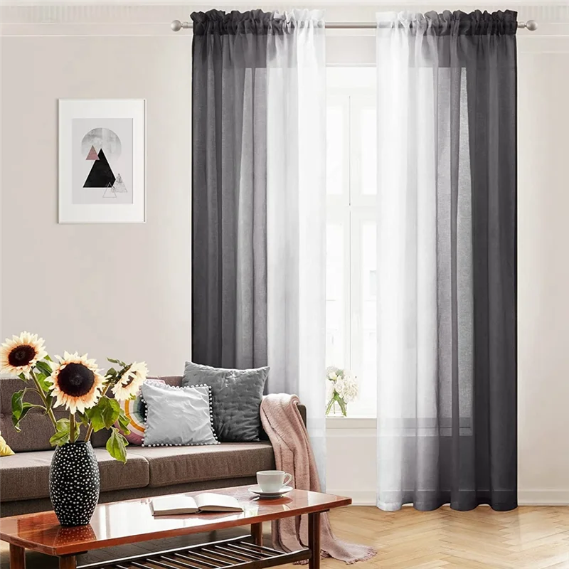 Tende trasparenti Black Shadow 52 x 96 pollici 2 pannelli Tende sfumate bianche e nere Tende in voile semitrasparente testurizzate