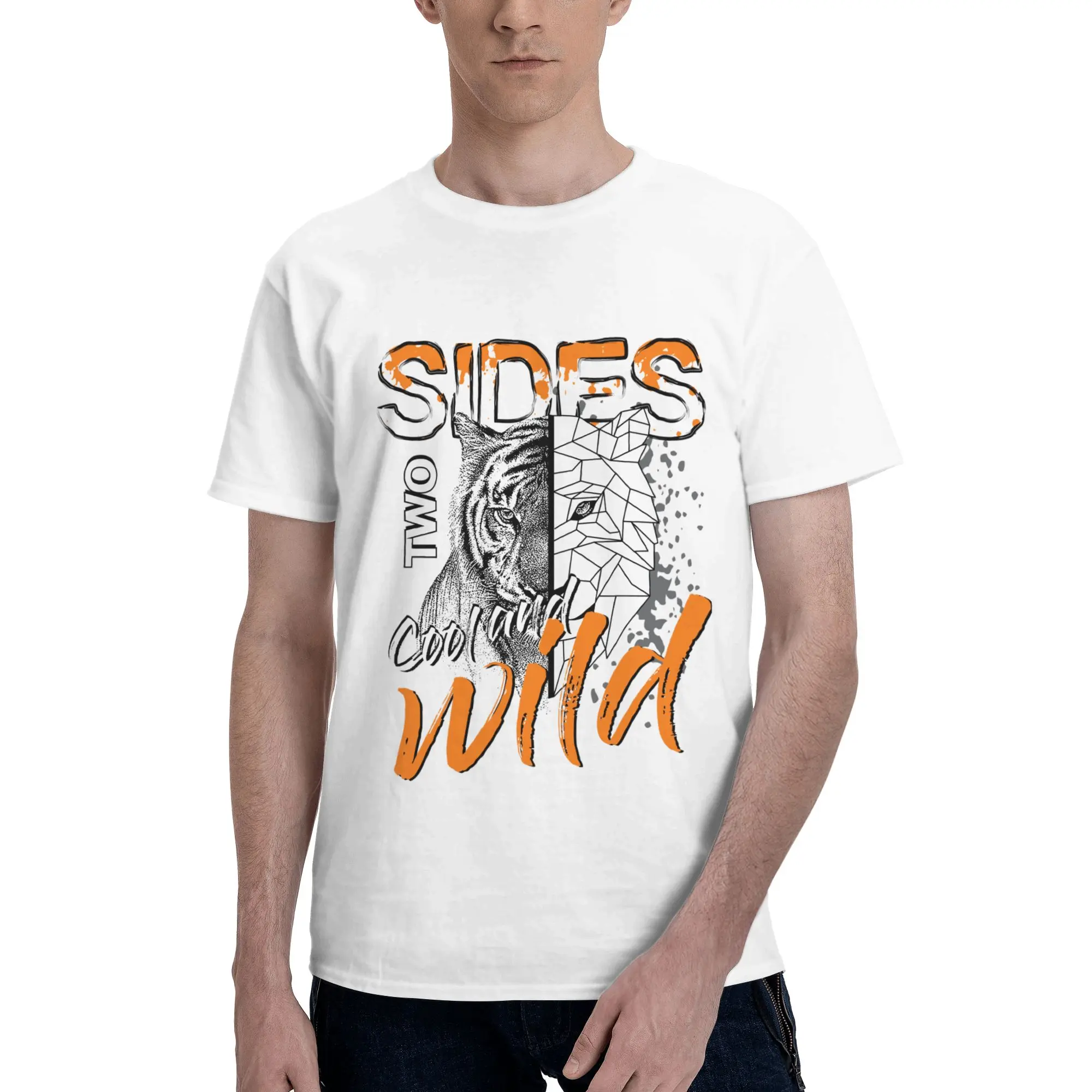

Two Sides Wild Tiger Face Print Men's T-Shirt Clothes Tees Short Sleeve fugees Cotton