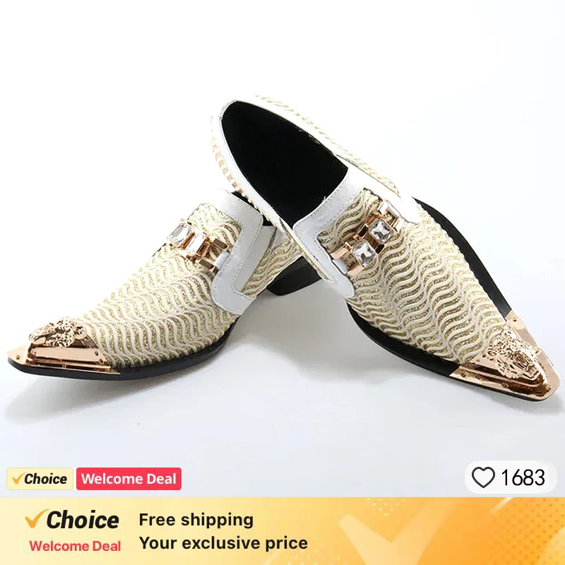 Fashion Gentleman Dressing Shoes Metal Pointed Toe Patchwork Crystal Designer Wedding Party Brand Customized Shoes Men Plus Size