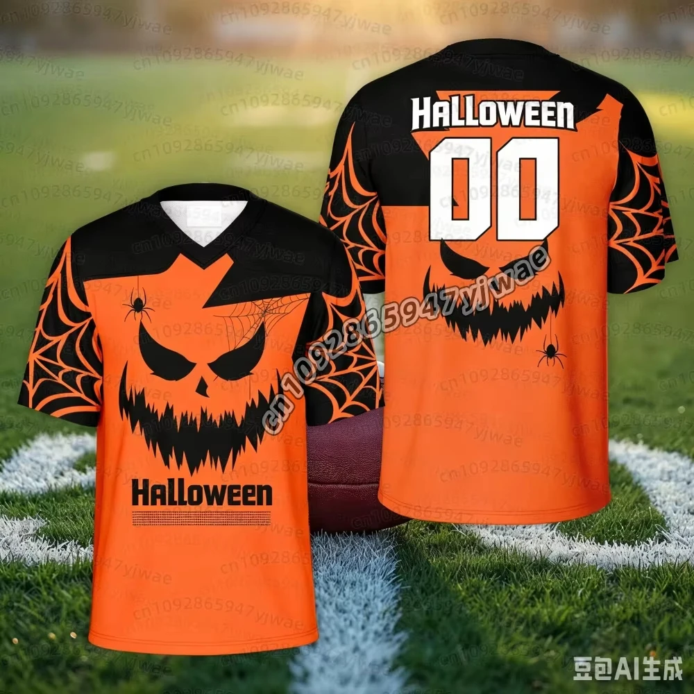 2026 Men Women Halloween Pumpkin Football Jersey Spooky Spider Web Short Sleeve Football Tshirt, Halloween Party KIDS T-Shirt -