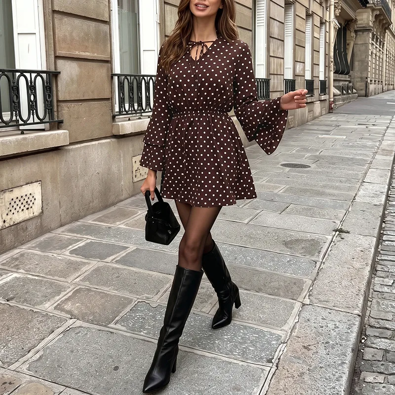 Mid Length Dress Women Dresses A Line Vestidos Y2k Streetwear V Neck Flare Sleeve Elegant Party Tight Waist Work Print Dot 2026
