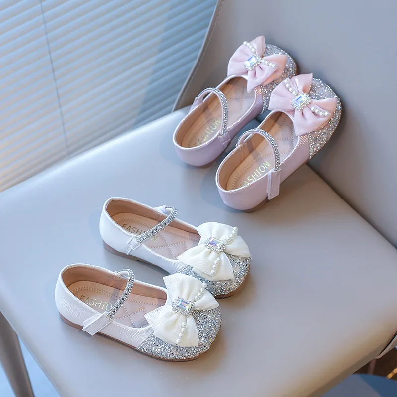 

New Spring Summer Leather Bow Shoes Sequined Pearls Girls Non-slip, Princess Performance Dance, Baby Walking Shoes, Fashionable