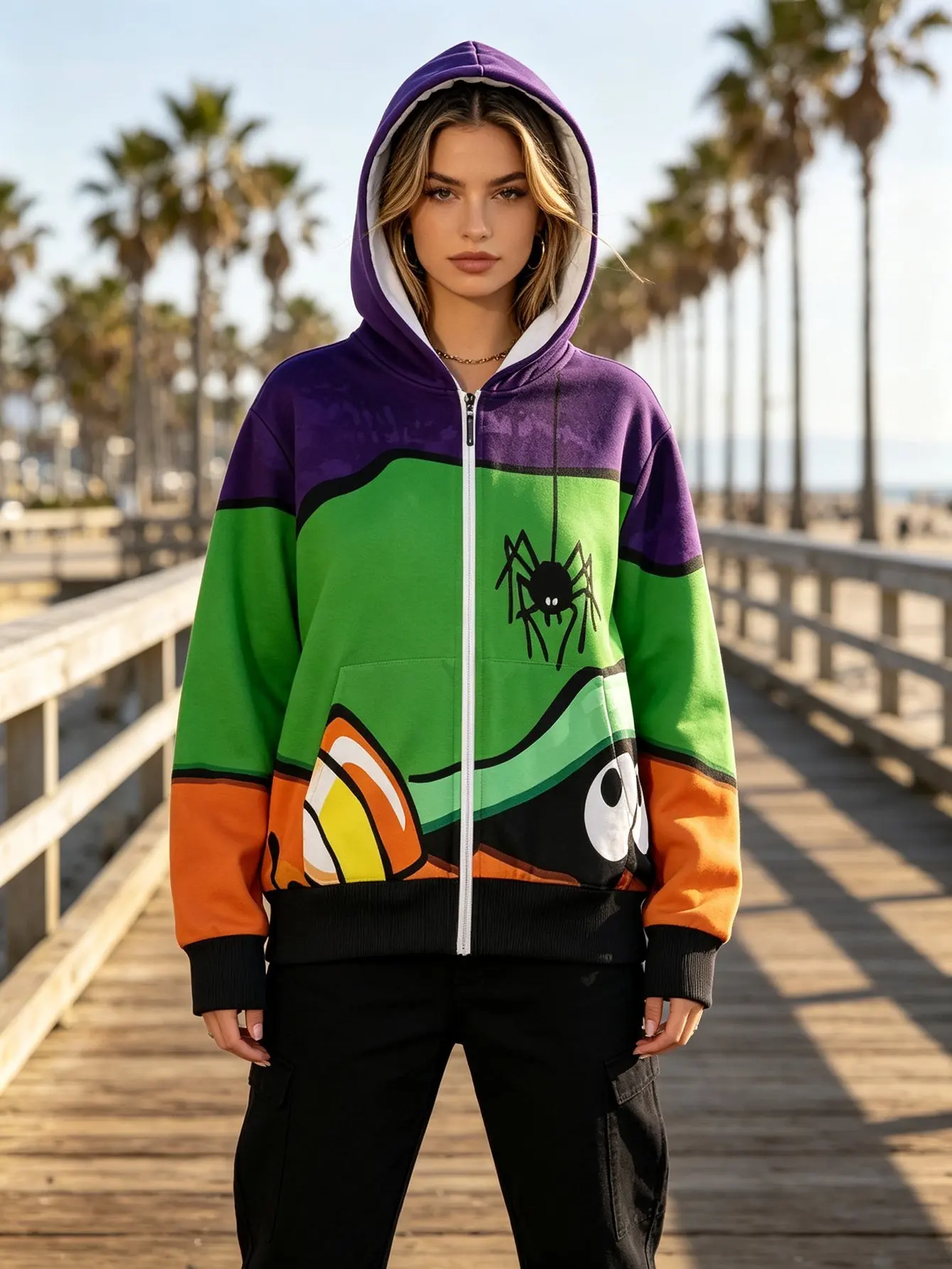 Long-sleeved loose hooded zippered women's sweatshirt, suitable for spring and autumn, slimming and versatile for layering