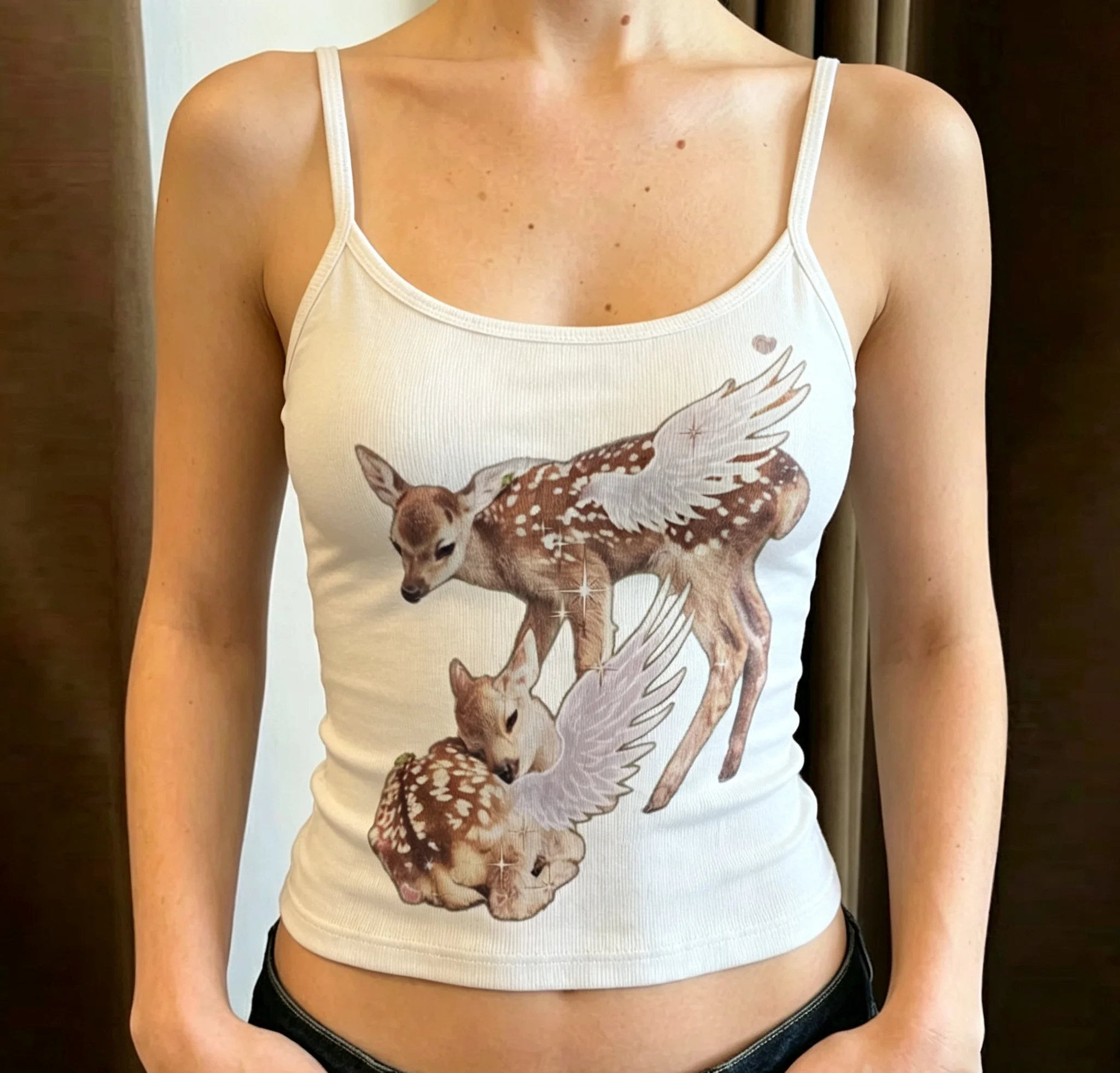 Y2K Coquette Angel Wing Fawn Print Spaghetti Strap Tank Top Women Cute Summer Sleeveless White Vintage Aesthetic Streetwear Vest