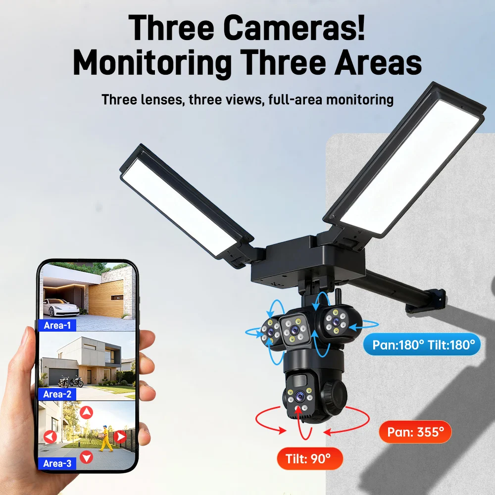 كاميرا شمسية 4G/LTE 3 عدسات 3 شاشات، تتبع تلقائي بدقة 6 ميجابكسل 360 درجة ° PTZ، لا حاجة إلى WiFi، بطارية مدمجة، صفارة الإنذار، CCTV الخارجية V380 Pro #3