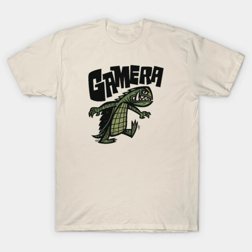 

Men Women Bold Block Font Walking Gamera Print Cotton Motorcycle T-shirt Classic Showa Era Kaiju Short Sleeve Street Clothes