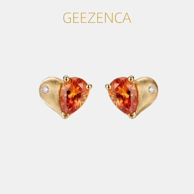 GEEZENCA Red Cubic Zirconia S925 Silver Gold Plated Heart Jewelry Sets With Earrings Ring Bracelet For Women Simple Dainty Gift