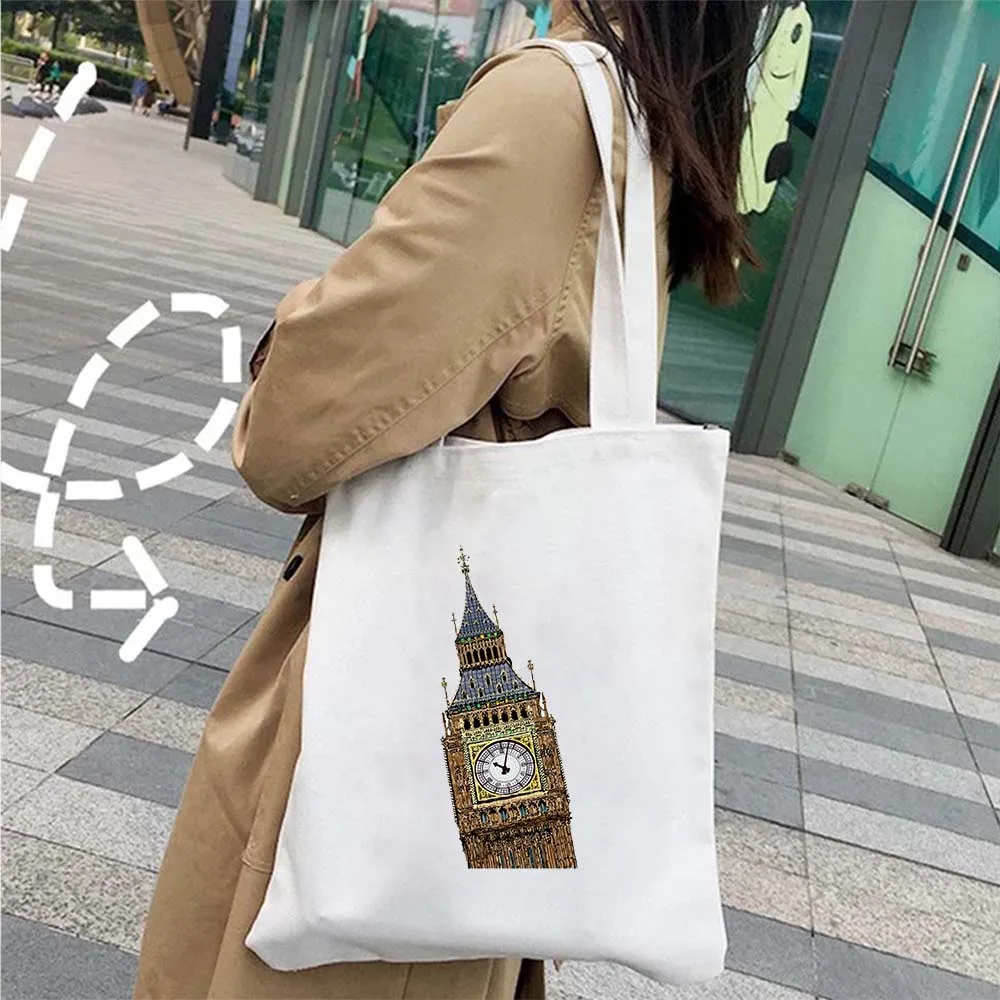 Big Ben England Feel Map Sac fourre-tout réutilisable pour femme, sac à main de grande capacité, style britannique, paysage de bus de Londres, sac initié