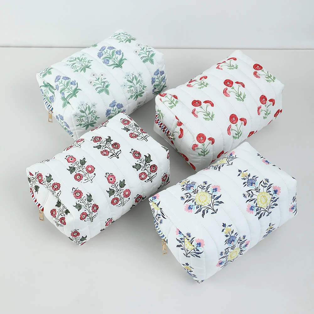 Floral Cosmetic Bag Quilted Toiletry Bag For Women Girls Travel Organizer Bag With Striped Lining Bridesmaid Gift