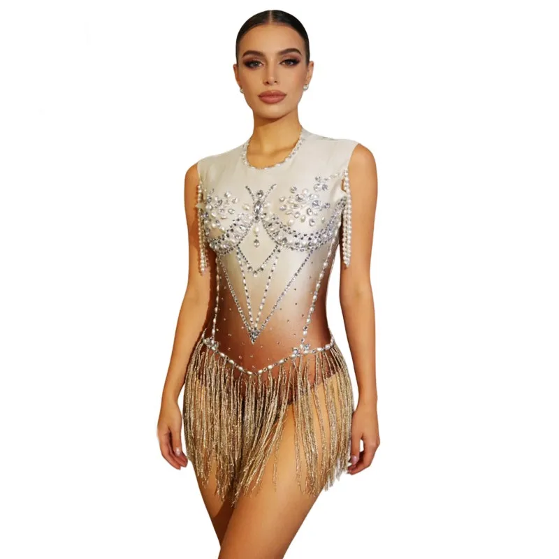 

Женский сексуальный сценический костюм: блестящий боди с бахромой и кристаллами, без рукавов, облегающий, для танцовщиц, певиц, выступлений в ночных клубах