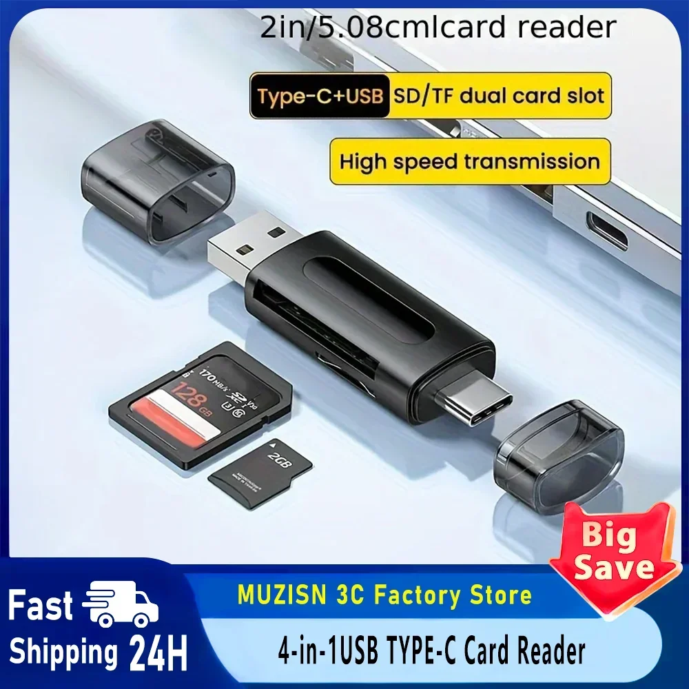 r External Stor4-in-1 Multifunction USB TYPE-C Card Readeage Black Stretch for Memory Stick USB 2.0 Mini SD TF Card Reader