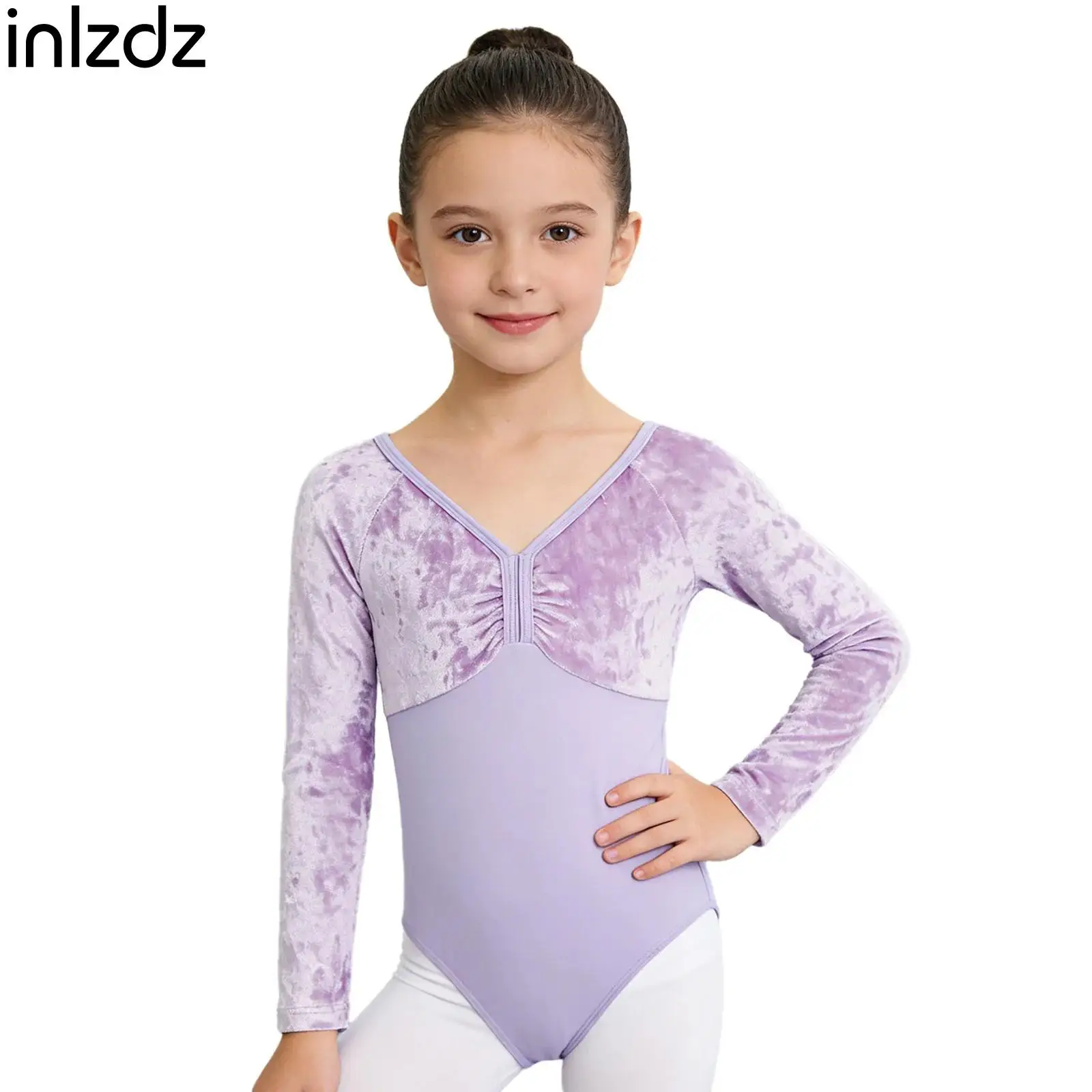 

Children Girls Ballet Dance Costume Solid Color Long Sleeve Velvet Patchwork Bodysuit Kids Figure Ice Skating Gymnastics Leotard
