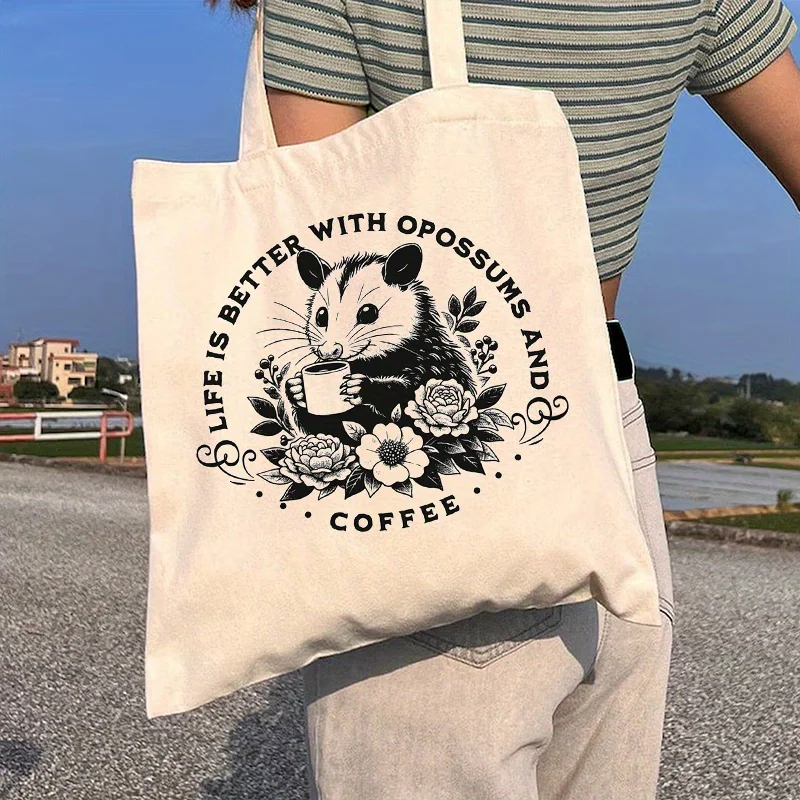 

Women's Casual Tote- "Life is Better with Possums and Coffee" Whimsical possum and floral print, durable machine washable fabric