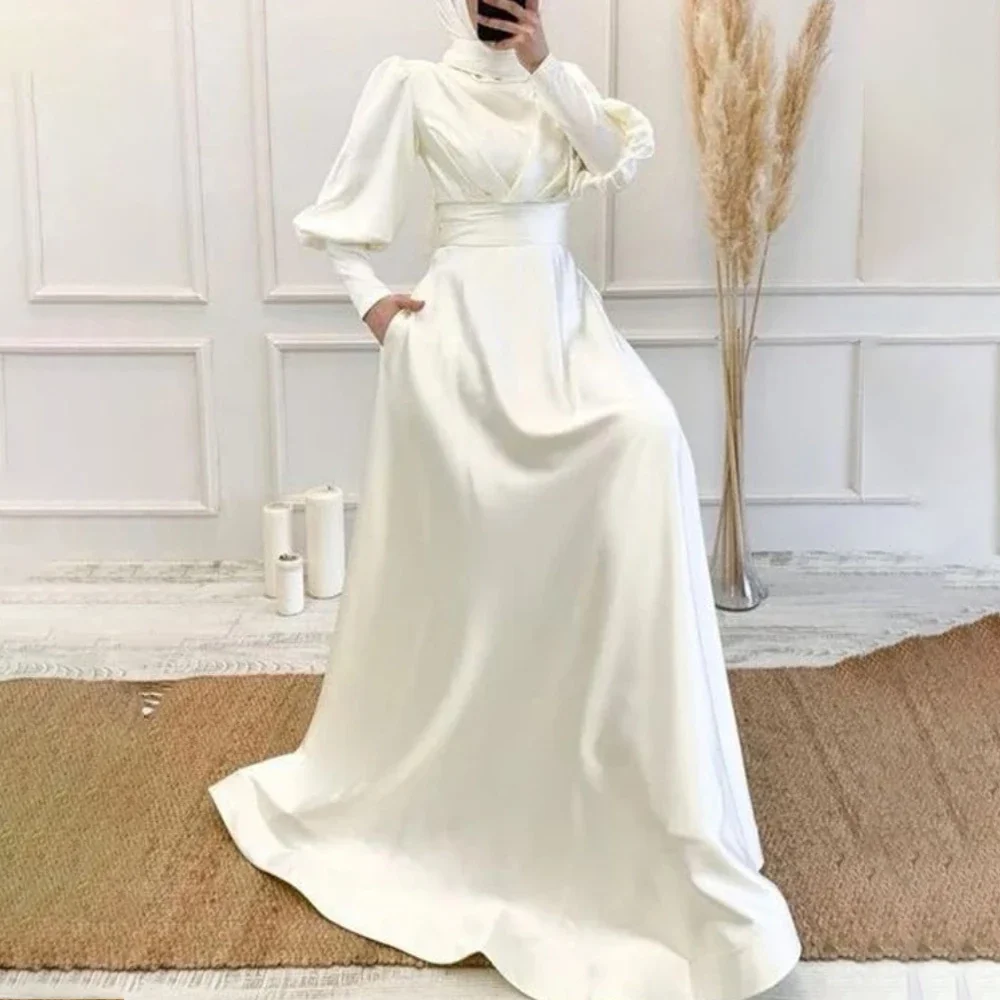 

Muslim Wedding Dresses High Neck Puff Sleeves Garden Bride Dress with Hijab Pleat Satin Bridal Gown Customized vestido de novia