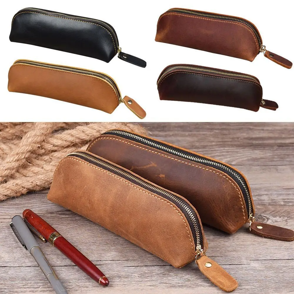 Multifunction Office Stationery Zipper Cowhide Pencil Bag Retro Style Pen Case Pen Storage Glasses Bag