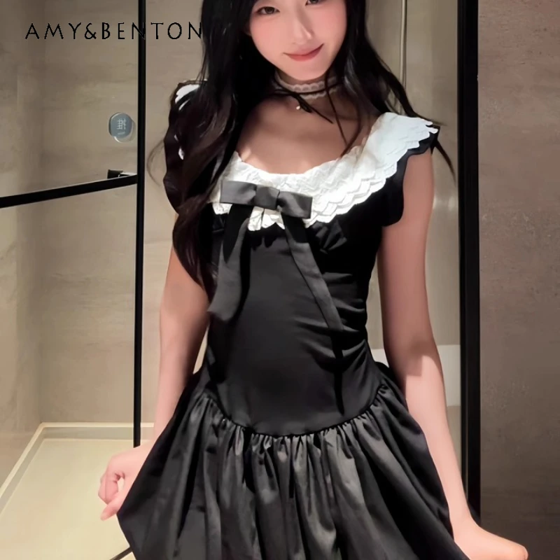 

Original Design Black Lace Splicing Sexy Women's Short Dress Gothic Summer Sweet Cool Waist-Cinching Puffy Dresses Suit Ladies