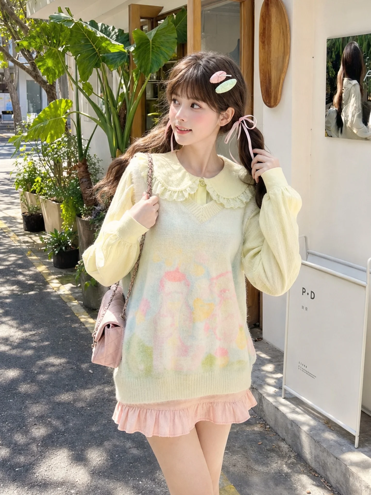 Sweet Style Gradient Bear V-neck Knitted Sweater Women's Loose Layering Top Autumn Fashion Soft Medium Nylon Rayon Polyester