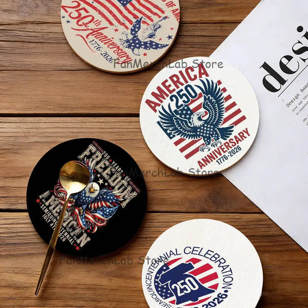 

American Anniversary 250 2D Pattern round Wooden Coaster Decorative Coffee Cup for Use in Coffee Shops Bars Wine Beer