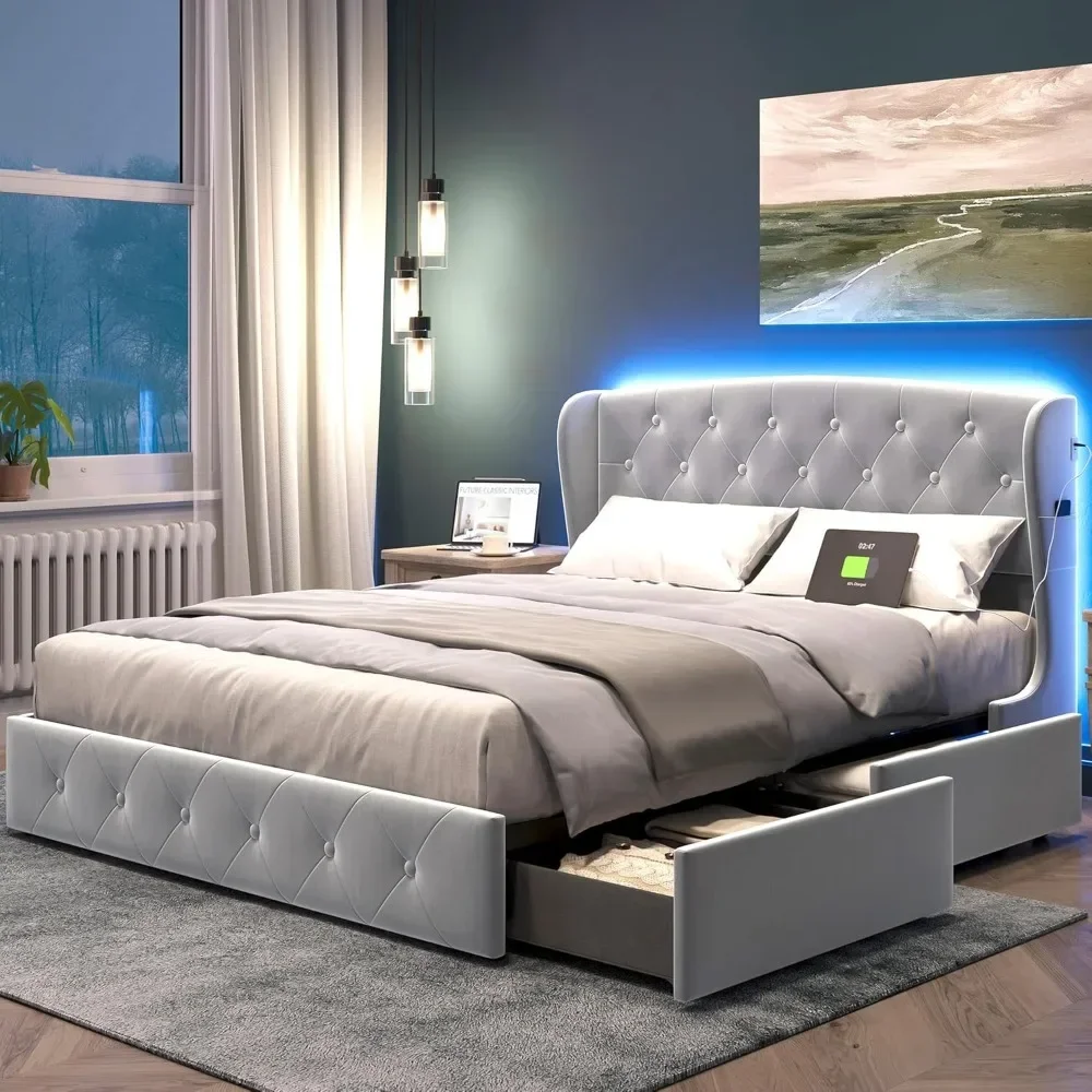 Estrutura de cama, estrutura de cama estofada em veludo com luzes RGB e carregador USB-C, estrutura de cama plataforma tamanho Queen com armazenamento