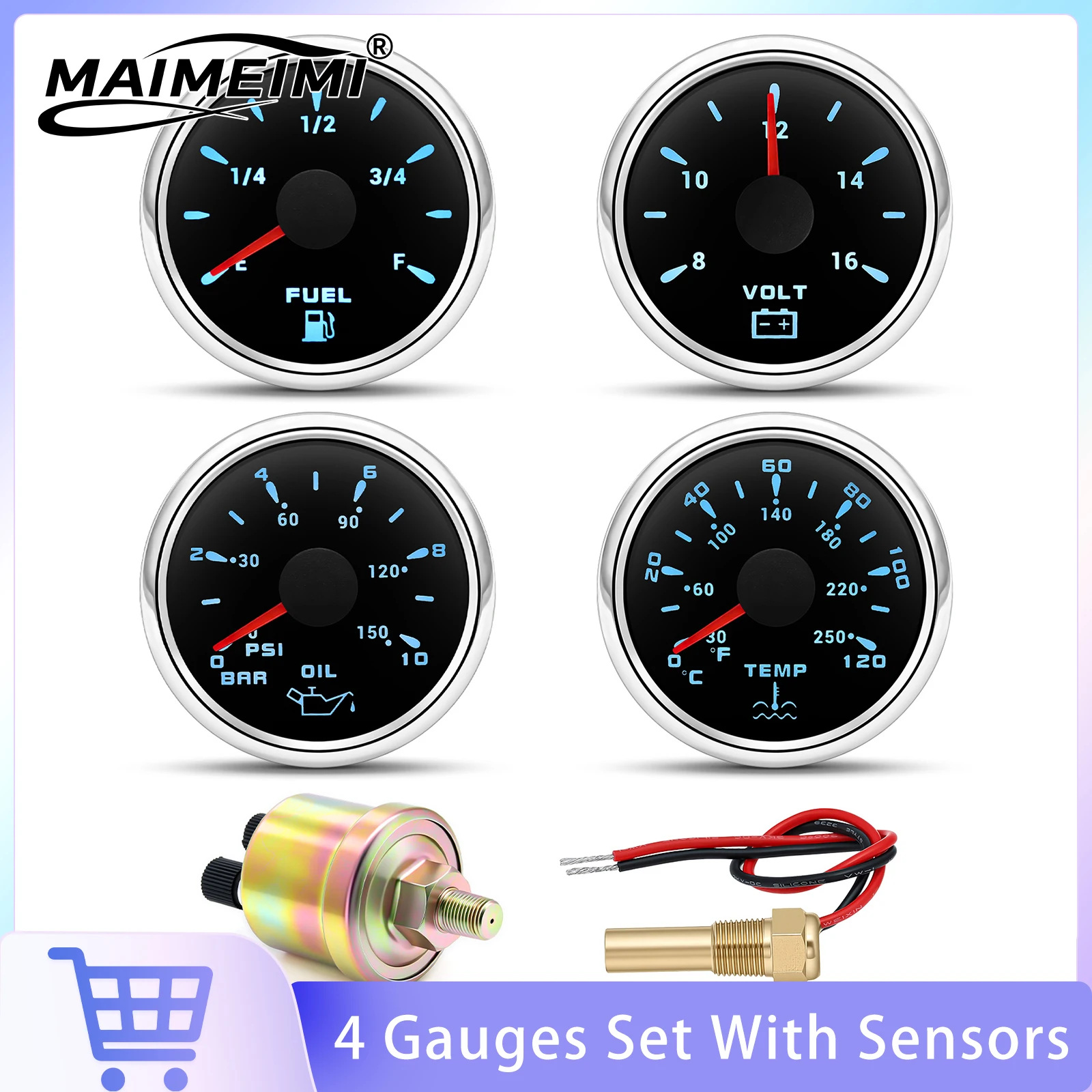 4 Gauges Set Oil Pressure Gauge Fuel Level Gauge Water Temp Meter Voltage With Sensors For Marine Boat Yacht Car Universal