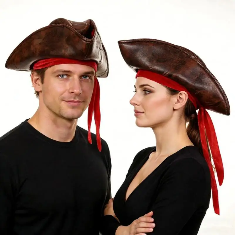 Adult Brown Faux Leather Vintage Pirate Hat Man Medieval Pirate Captain Jack Cosplay Hat For Halloween Carnival Masquerade Prop