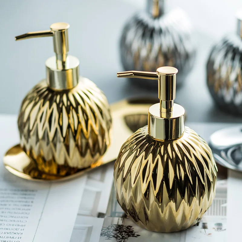 Luxury Gold/Silver Soap Dispenser with Press handle Ceramic Dispenser Dispenser with Stainless steel Tray Bathroom Accessory