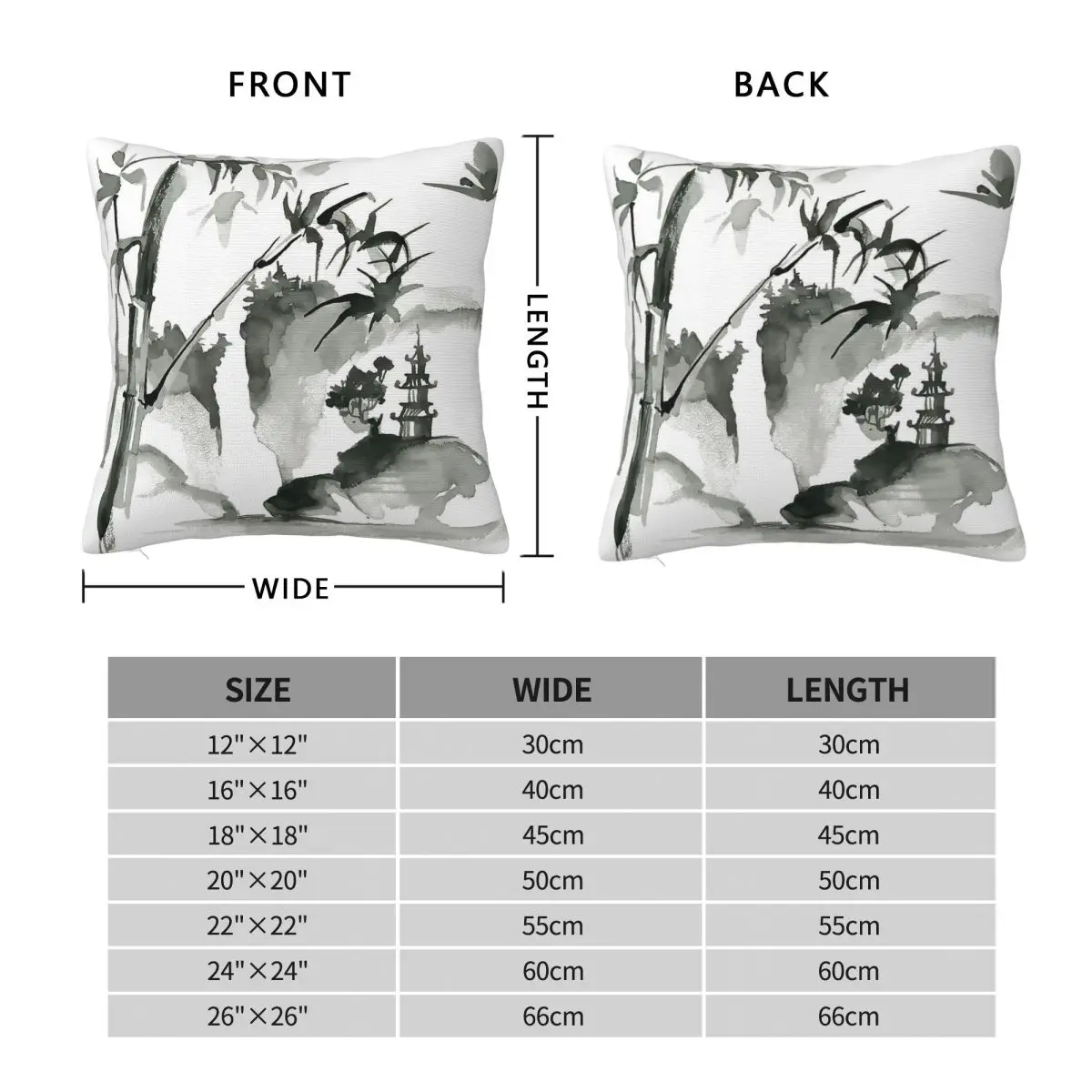 Sumi-E Bamboo Japanese Square Pillowcase Polyester Linen Velvet Pattern Zip Decorative Sofa Cushion Cover 18