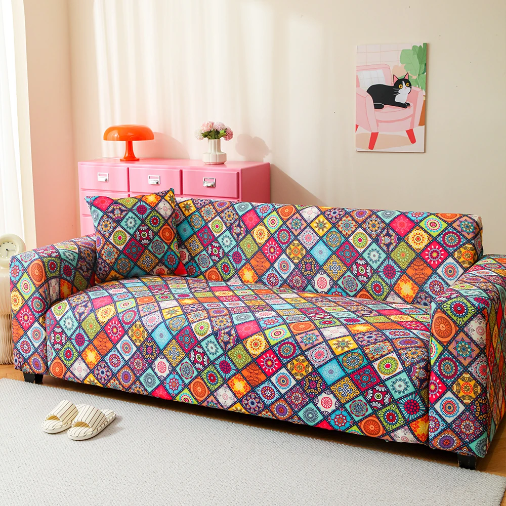 

1pc Colorful Geometric Plaid Full Wrap Sofa Cover - Protective Elastic Dust Cover for Living Room Furniture