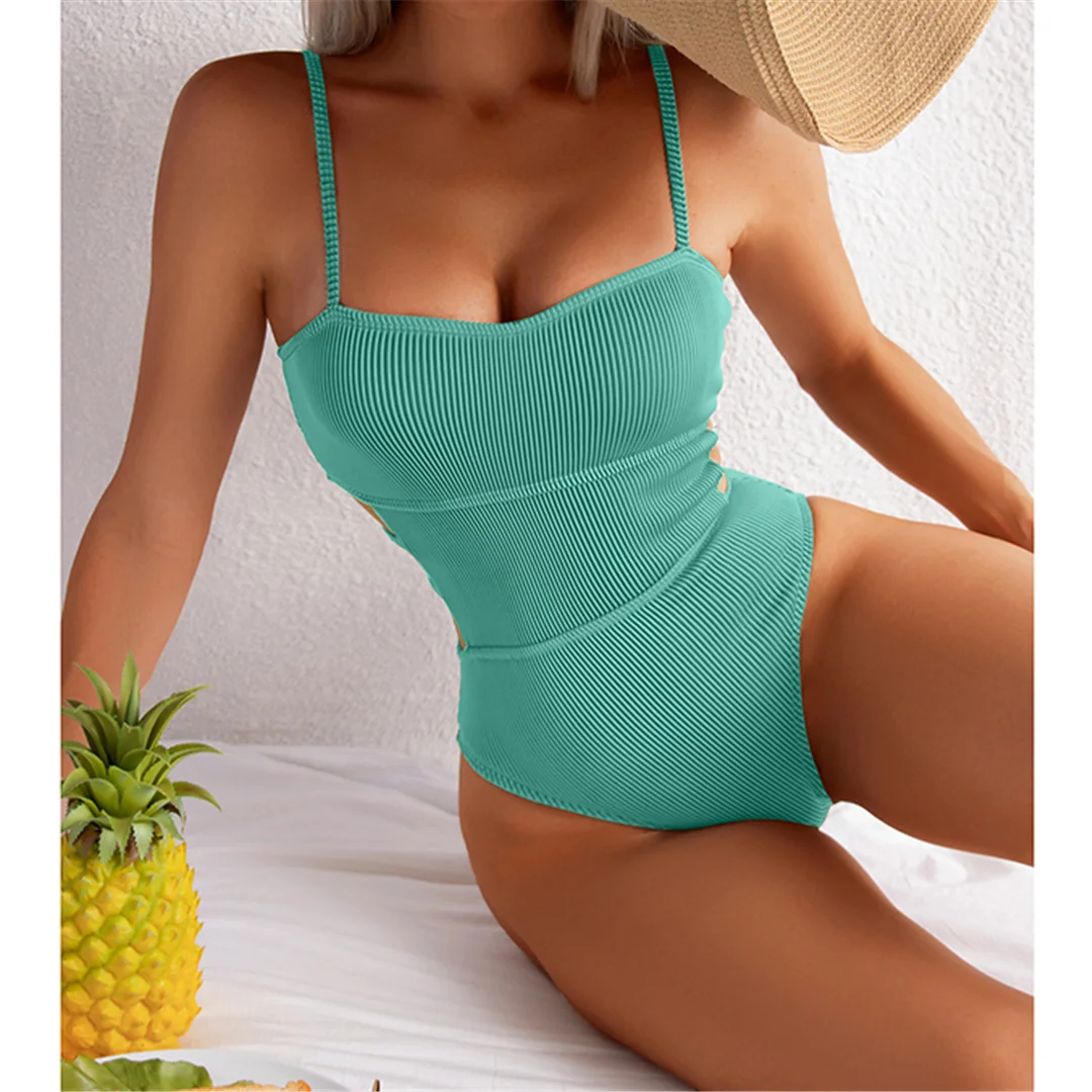 S - XL, 11 Farben, gerippter Badeanzug mit Ausschnitten, einteiliger Badeanzug für Damen, Badebekleidung für Frauen, Badeanzug mit hohem Beinausschnitt und Polsterung, Badeanzug für Damen, V3404. – Detail 33