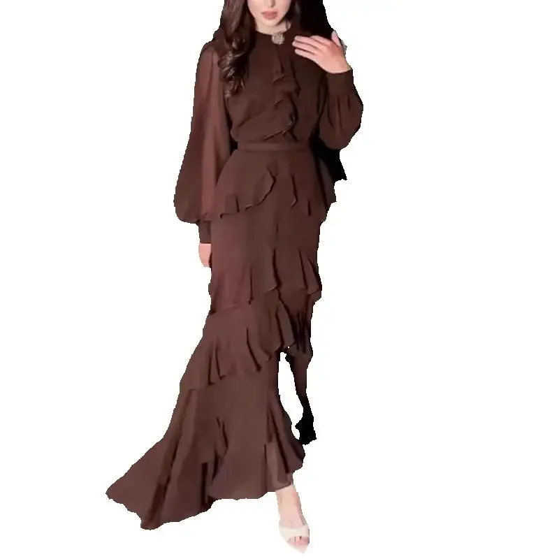Mode dames herfstjurk met lange mouwen, elegante o-hals, gelaagde ruches, avondjurk, casual effen chiffon, onregelmatige maxi-jurken - afbeelding 2