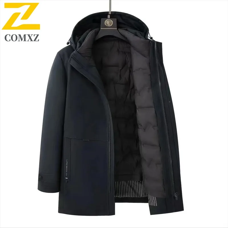 COMXZ 2025 Men Thick Hooded solid color Coat Winter Autumn Street Puffer Coat Versatile Casual Padded Cross Border windbreaker