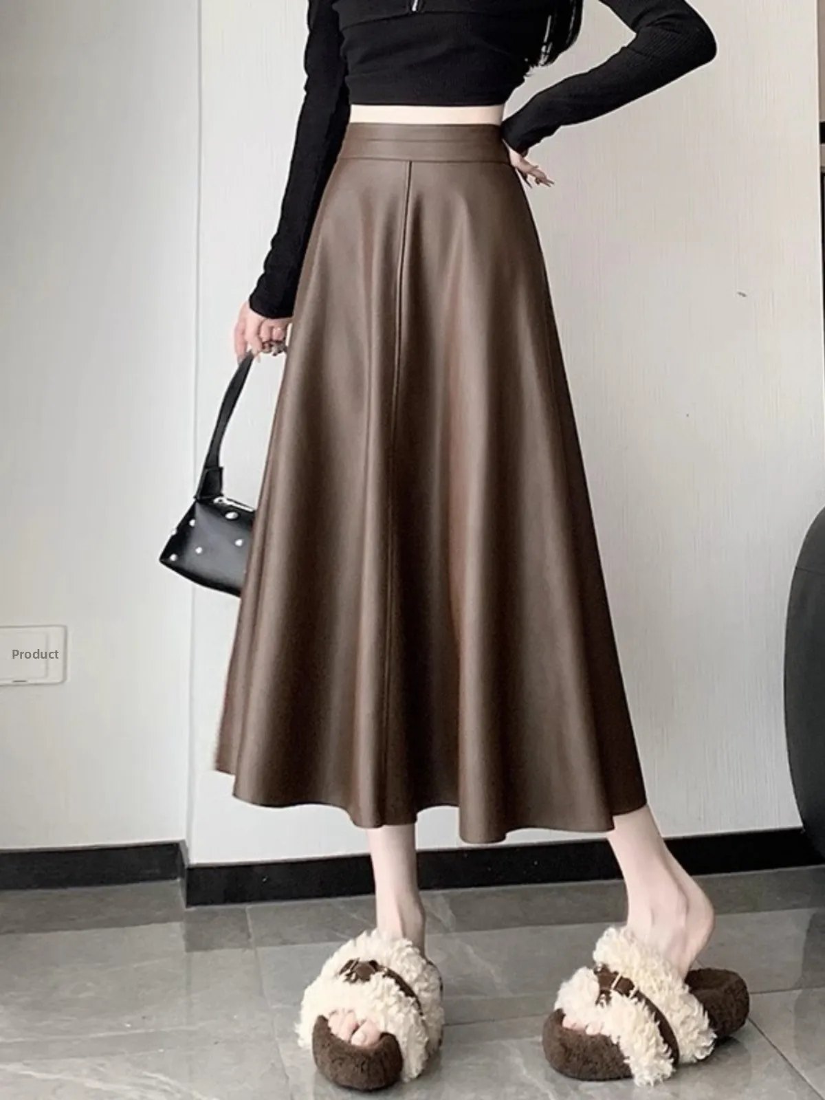 

Юбка макси из искусственной кожи с высокой талией, А-силуэт, женская, осенне-зимняя, новая модель, драпированная, элегантная, расклешенная, средней длины