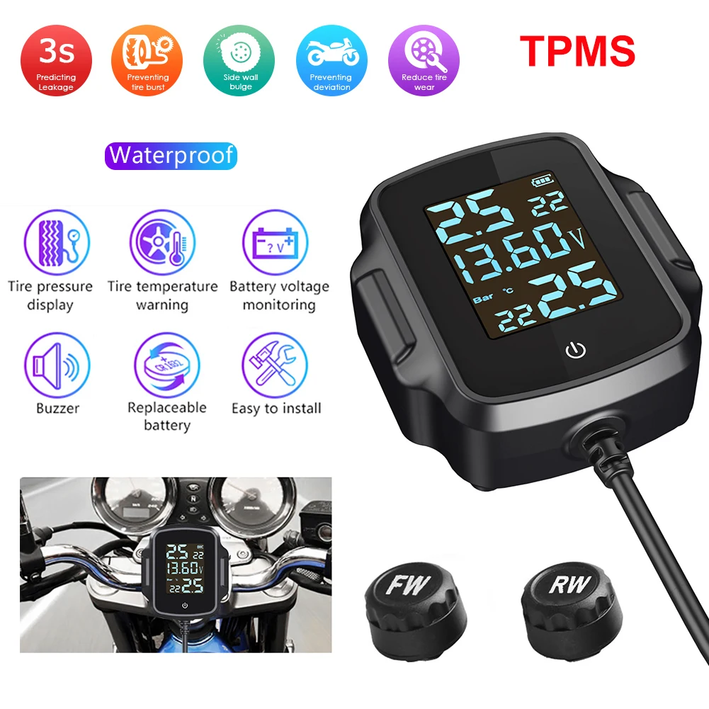 Motorcycle TPMS Motorbike Tire Pressure Monitoring System Tyre Temperature Alarm System with QC 3.0 USB Charger for Phone Tablet