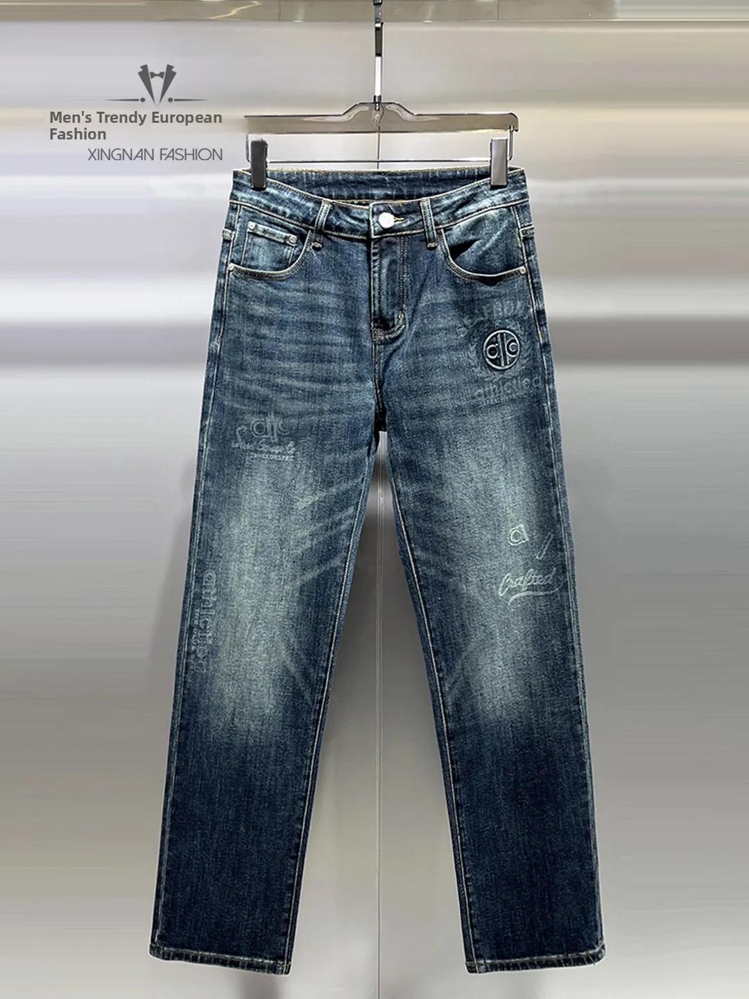 

Men's Loose Straight Leg Jeans Autumn Winter Faionable Versatile Print Simple Design High Waist Zipper Closure Casual Sle