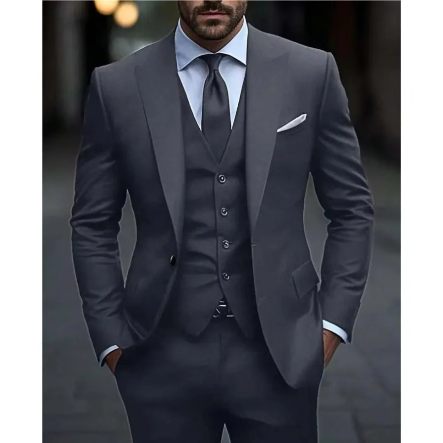 Elegant Dark Grey Men Suits Slim Fit 3 Pieces Jacket Pants Vest Single Breasted Peaked Lapel Groom Formal Bespoke Male Sets