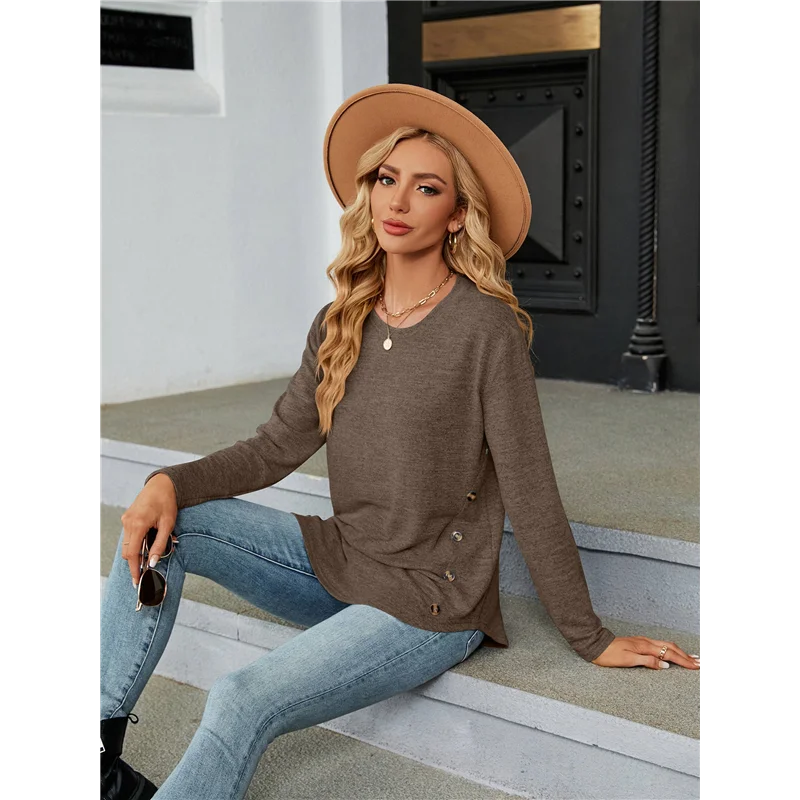 

ABP-Women's Round Neck Long Sleeve Tops, Autumn And Winter 2025 Loose Button Down Blouses