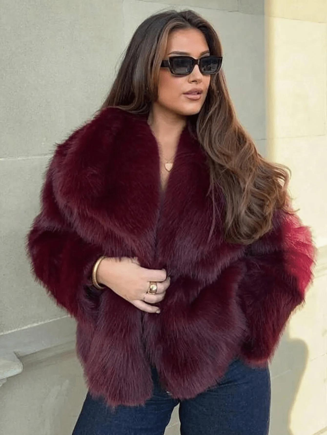 Women Artificial Faux Fur Jacket Big Wide Lapel Collar Cropped Coat Thick Warm Plush Long Sleeve Winter Party Female Outerwear
