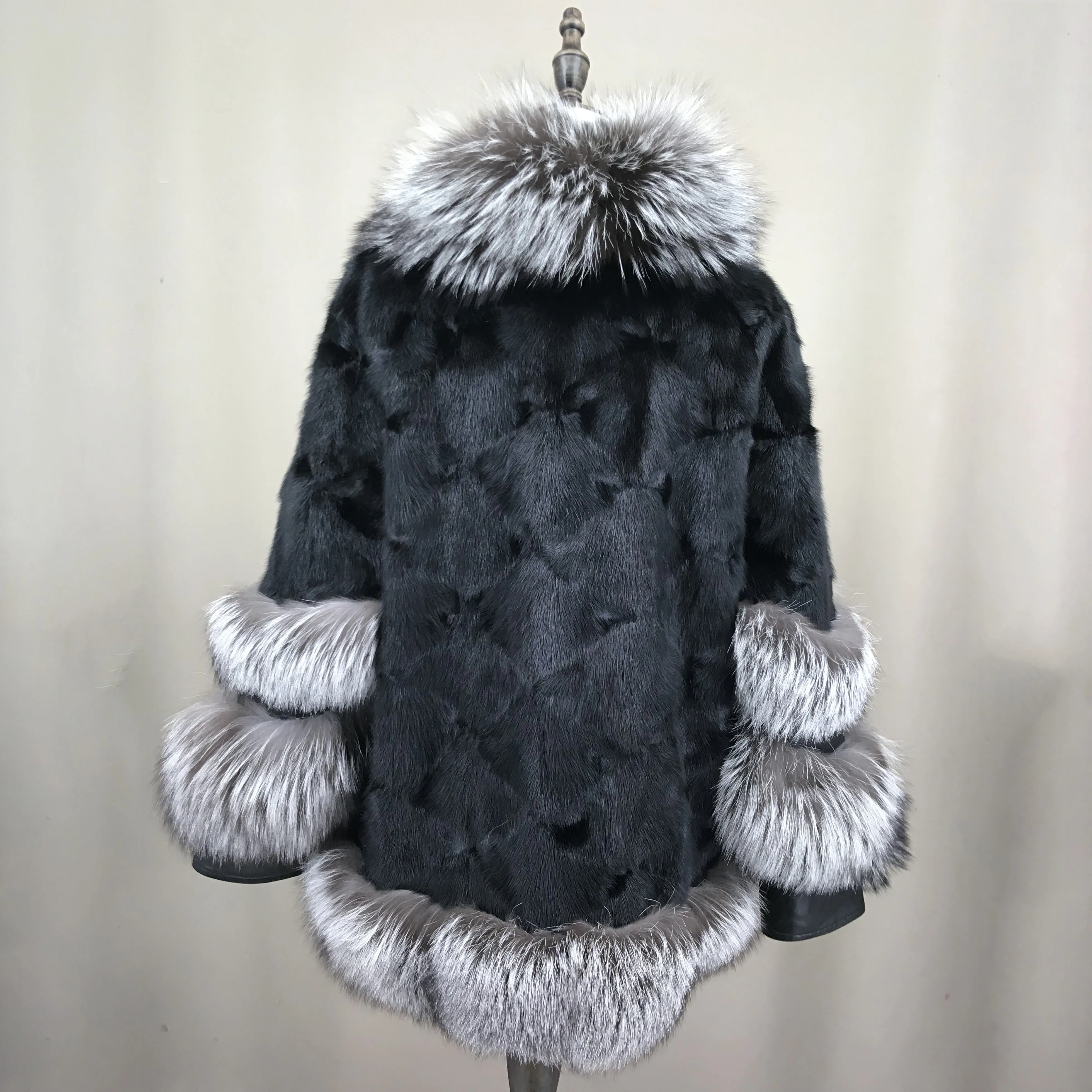 Cappotto di visone naturale con collo di volpe argento per donna, polsini frontali, peloso elegante, bella moda, nuovo stile, autunno e inverno,