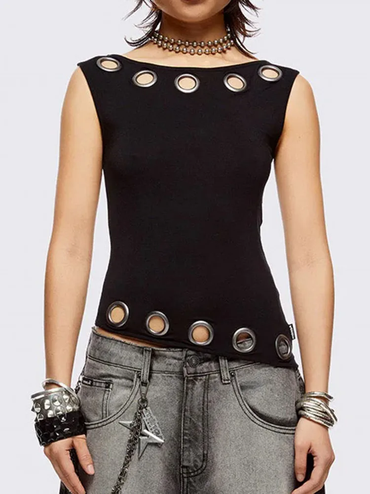 Metal Hollow Halter Neck Vest Sexy Hot Girl Plunge Bodycon Solid Color Sleeveless Tanks Casual Club Party Camis Top Y2K