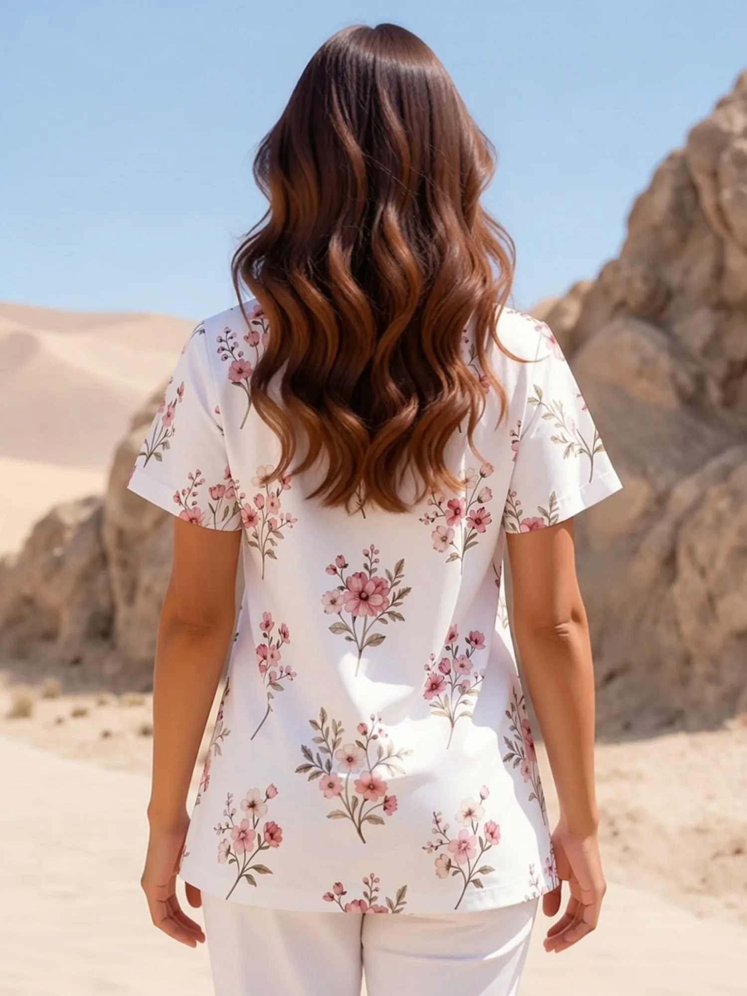Womens Classic V Neck Scrub Top With Practical Front Pockets Fresh Floral Design Easy Casual Look Loose Fit For Home Care Visits