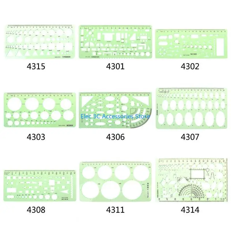 Y51A Green Plastic Oval Geometric Template Ruler Stencil Measuring Tools Students Hot