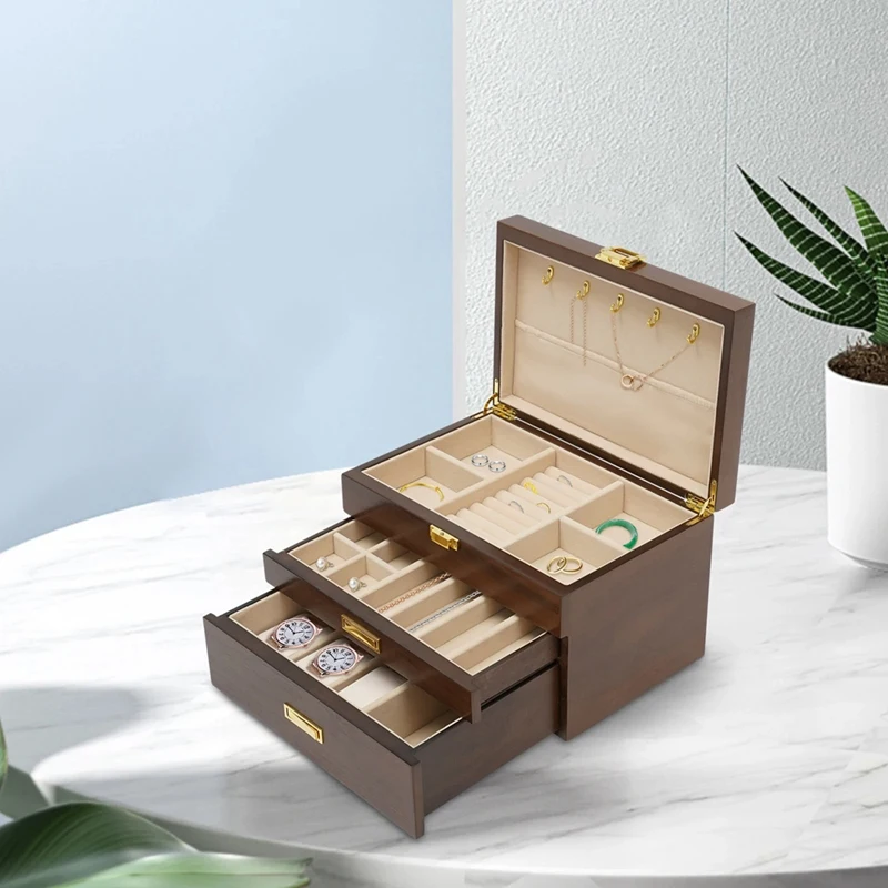 

Jewelry Box Modern Simple Necklace Storage Box Three-Layer Watch Jewelry Box Solid Wood Jewelry Storage Box-AT35