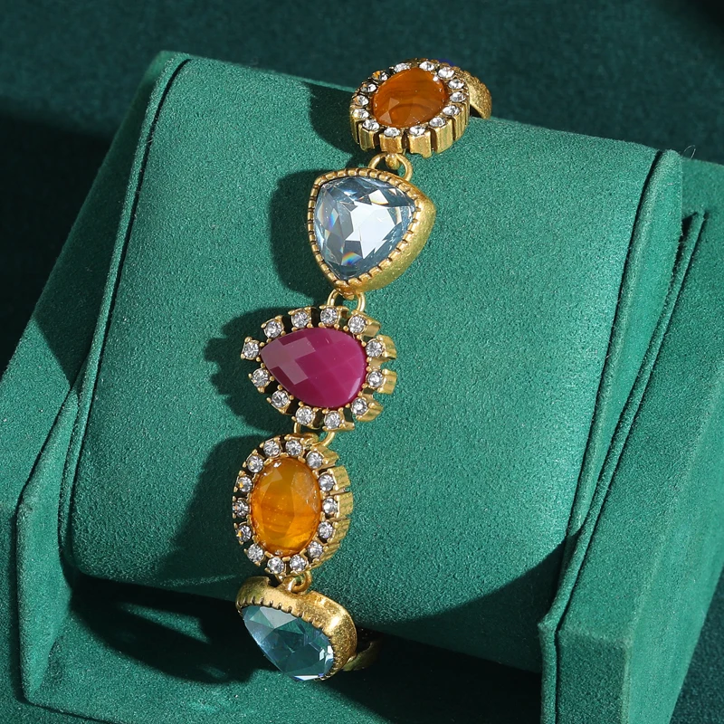 

Vintage Natural Stone Blue Orange Bracelet Water Droplet Crystal Gold Color Rhinestone Zircon Luxury Brands Woman Jewelry New