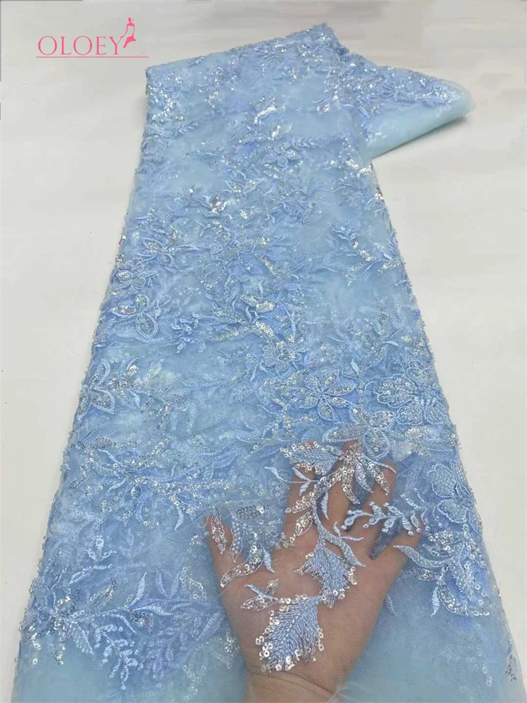 

OLOEY Fashion French Mesh Beads Embroidery Sequins Lace Fabric African Nigerian Groom Lace Fabric For Wedding Dress Women