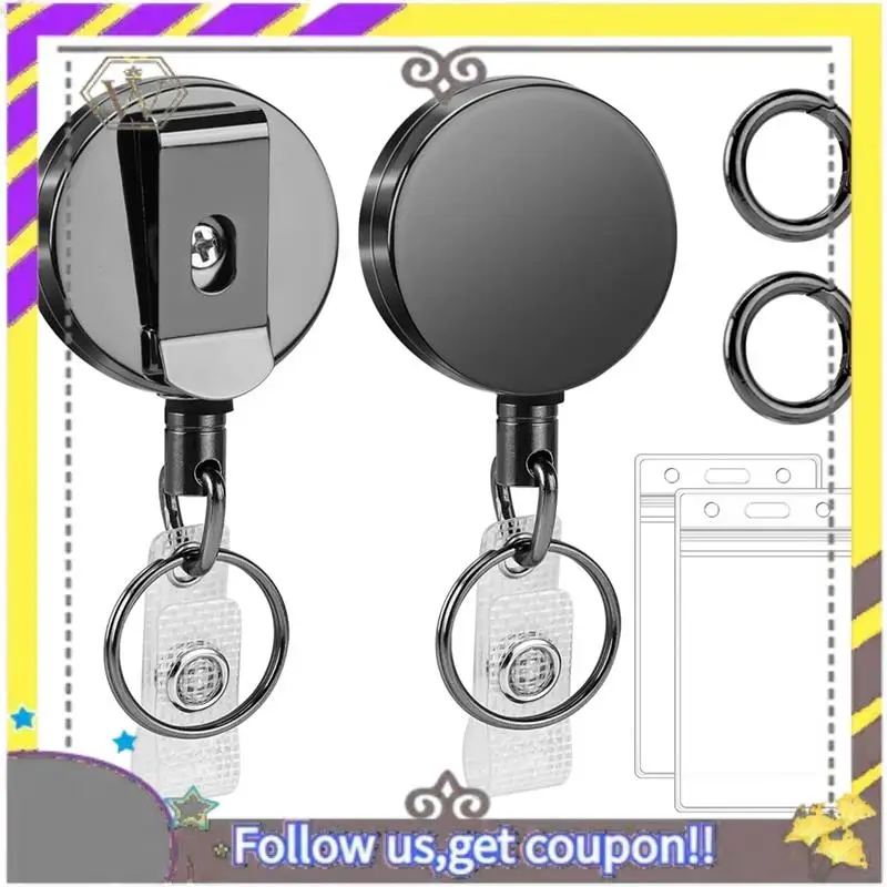 New Heavy Duty Retractable Badge Reels Metal Retractable Badge Holder, Key Card Holder Retractable Black 2 Pack