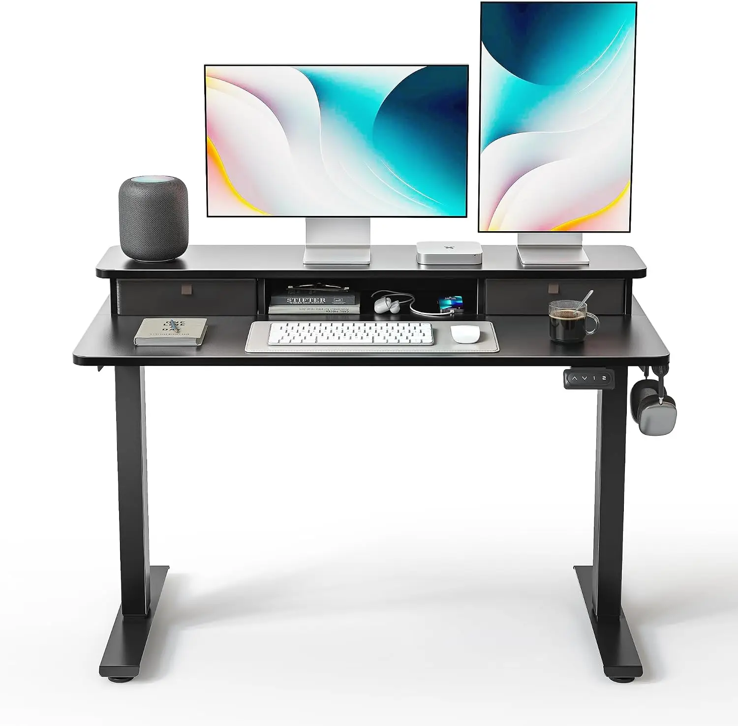 Electric standing desk 48x24 inch height adjustable home office computer desk double drawer 4 adjustable legs 2 hooks black