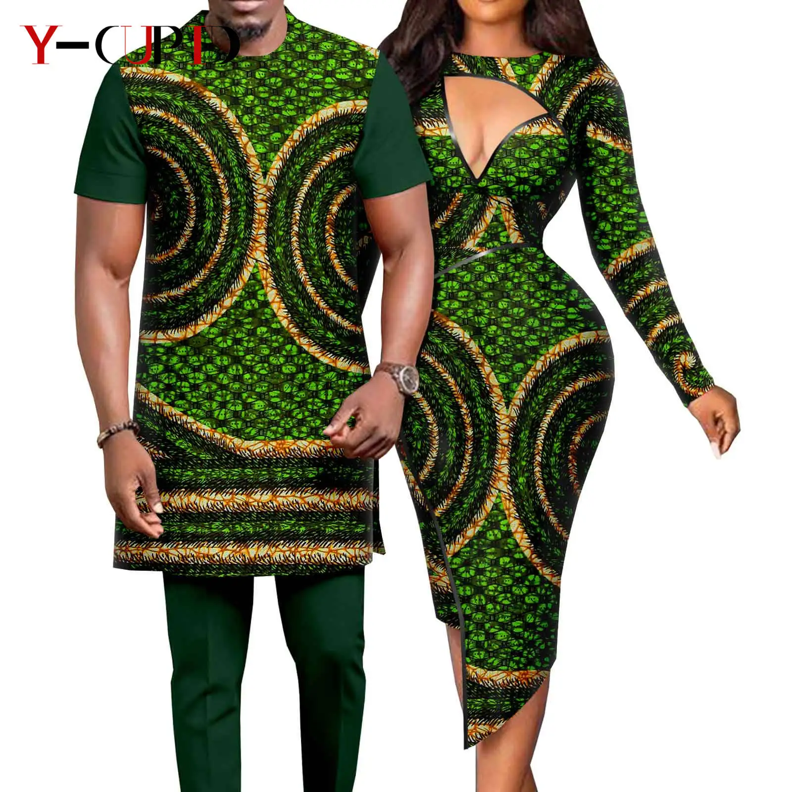 African Matching Outfit for Couples Dashiki Sexy Women Slim Print Dresses Bazin Riche Men Patchwork Top and Pant Sets Y23C043