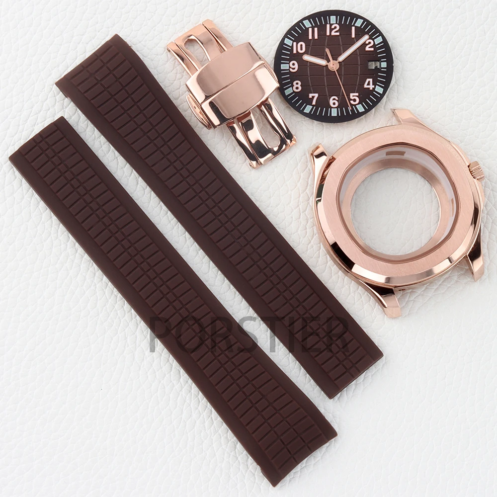 

Корпус из розового золота 42 мм NH35, стальной браслет с резиновыми вставками для механизма Aquanaut NH35 NH36, циферблат 31,5 мм, стрелки с зеленым люминесцентным покрытием.