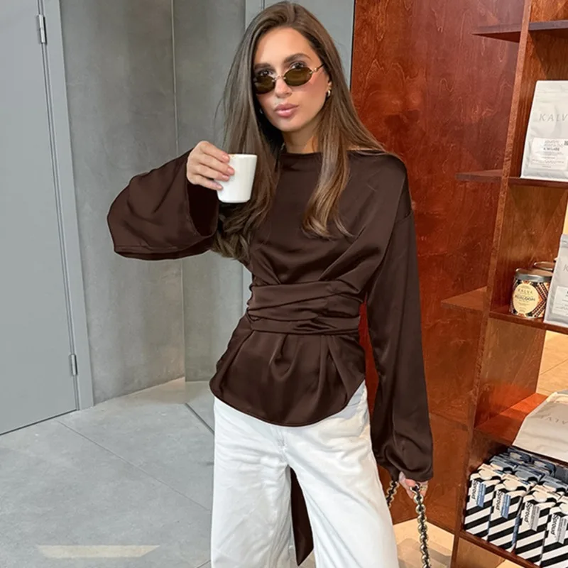 Talenza Casual Lace-Up Tops Damesmode Effen Geplooide Patchwork Lange Mouwen Blouse Nieuwe Commuter Streetwear Vrouwelijke T-shirts