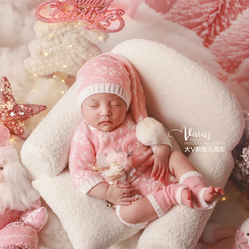 Pakaian Natal Bayi Perempuan Baru Lahir Kostum Santa Rajut Merah Muda Boneka Manusia Salju Mewah Pohon Natal Mini Properti Fotografi Bayi Baru Lahir